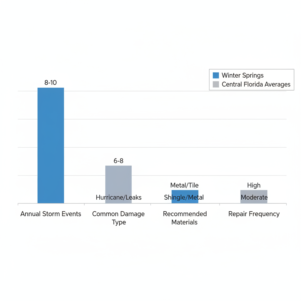 Bar chart comparing roofing challenges including storm events, damage types, materials, and repair frequency in Winter Springs versus Central Florida averages