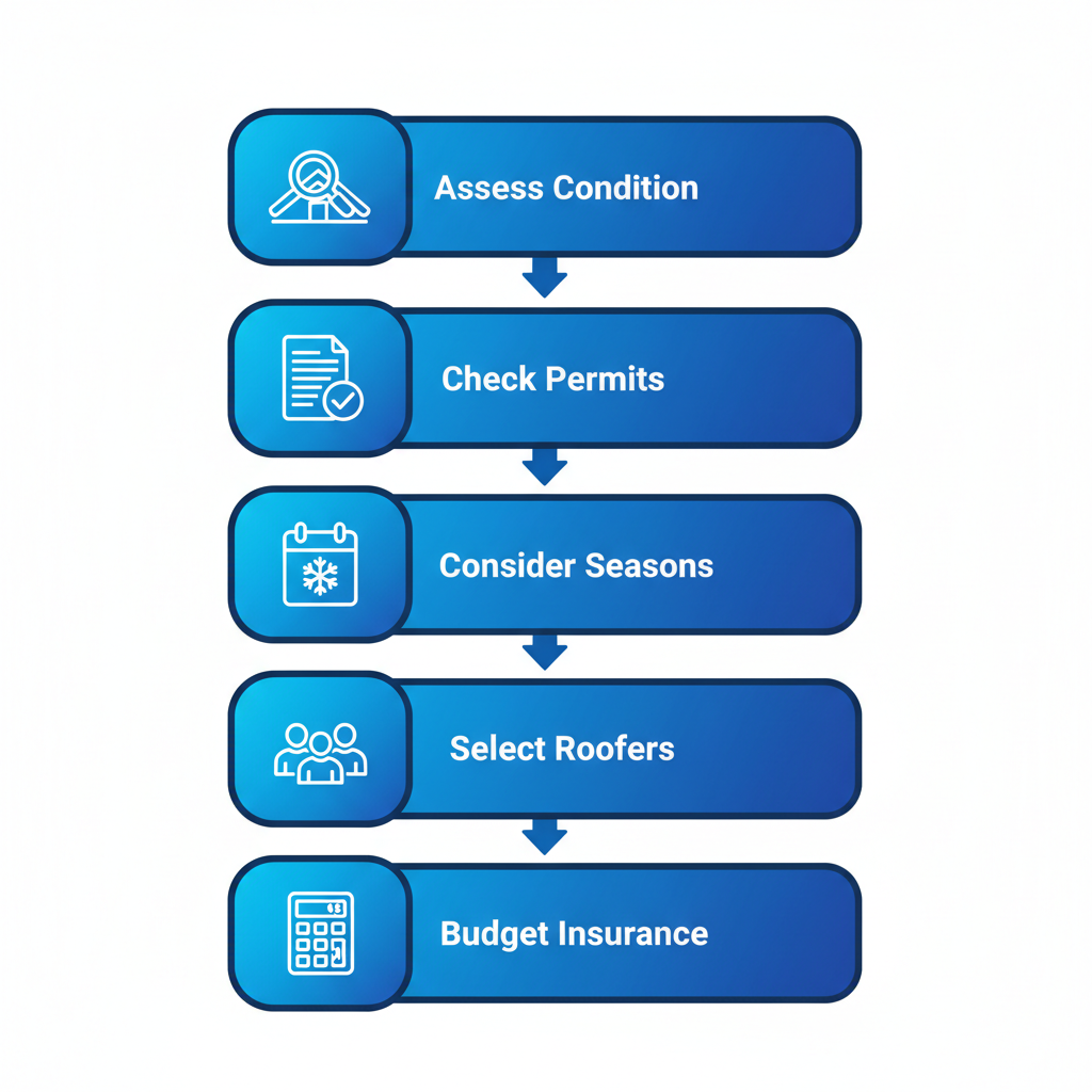 Vertical process flow diagram illustrating five key stages to start a roofing project in Winter Springs, Florida, from assessment to budgeting.