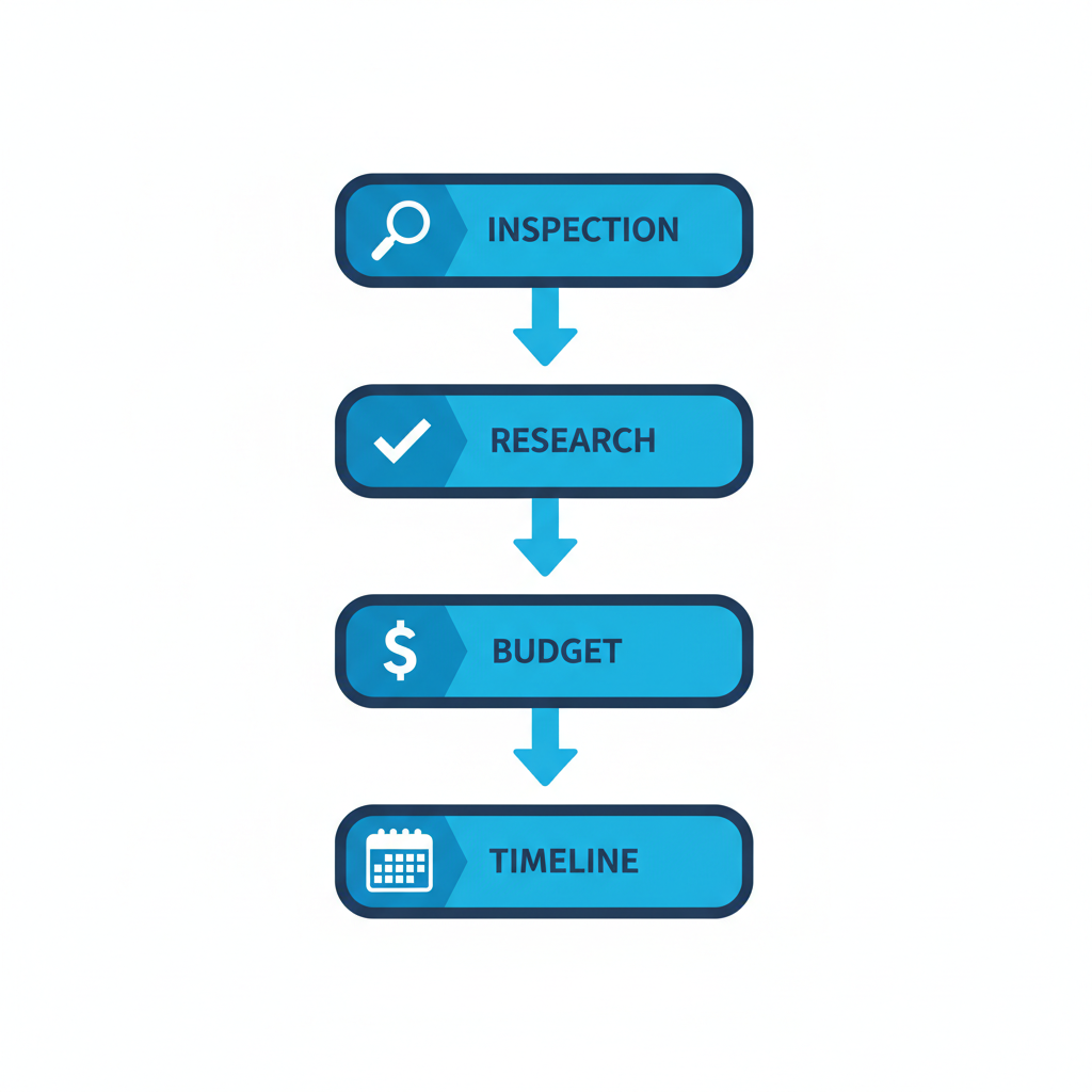 Vertical process flow illustrating four steps to start a roofing project: inspection, research roofers, budget preparation, and timeline discussion with icons.