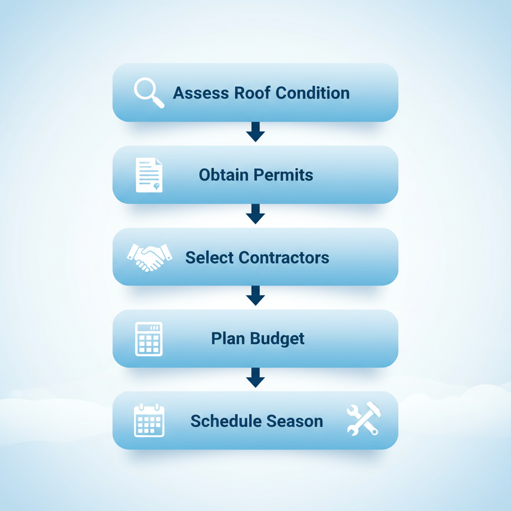 Vertical process flow diagram illustrating six steps to start a roof replacement project in Winter Park with icons and labels.