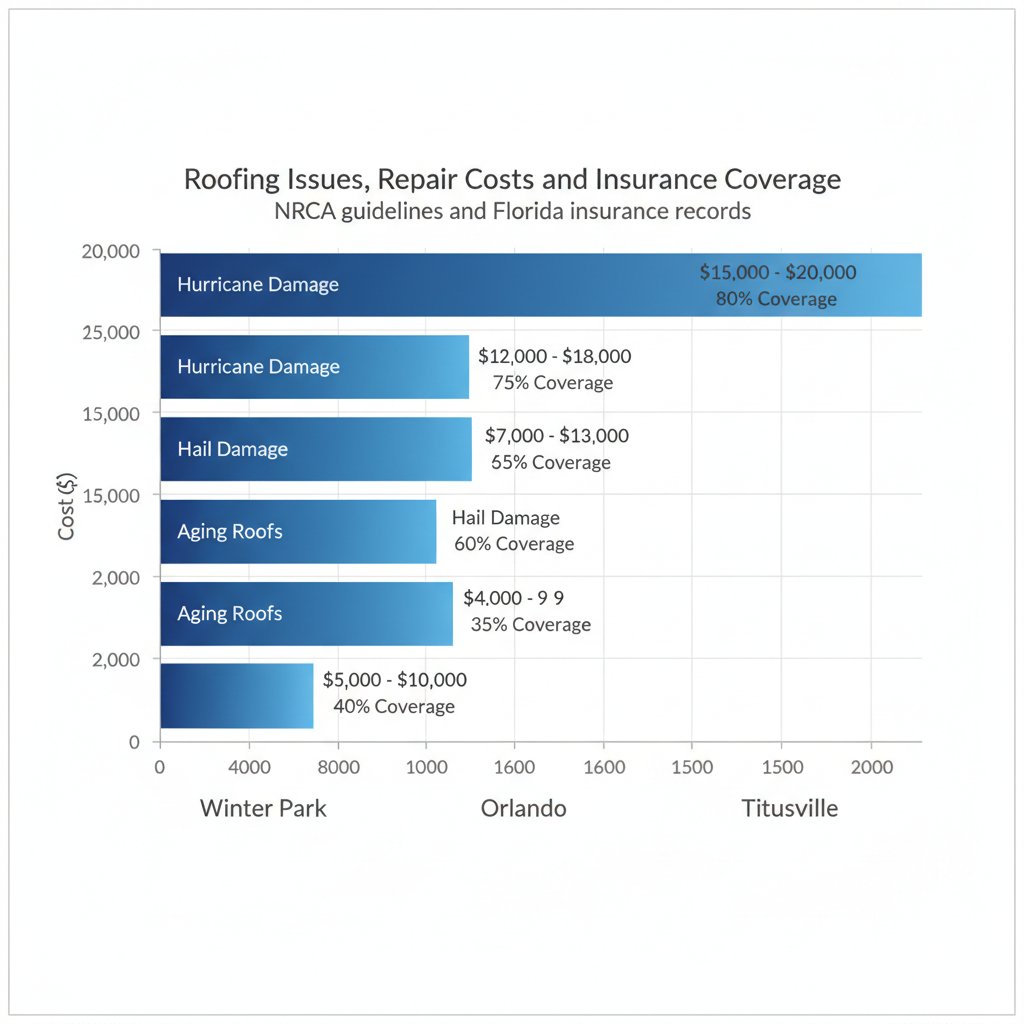 Horizontal bar chart comparing roofing problems, repair expenses, and insurance rates in Central Florida locations including Winter Park, Orlando, and Titusville.