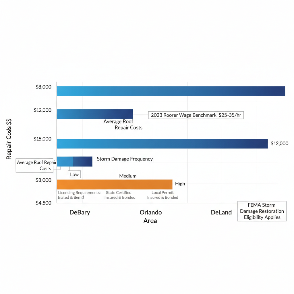 Horizontal bar chart comparing roof repair costs, storm damage frequency, and licensing requirements in DeBary, Orlando, and DeLand.