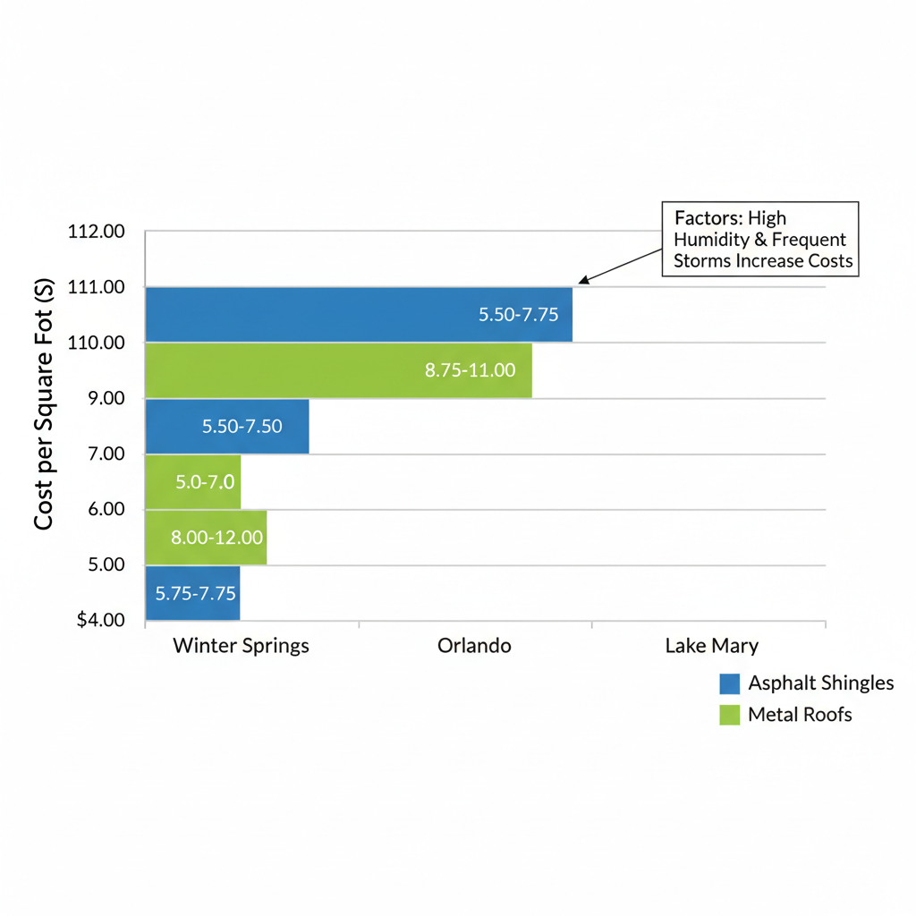 Horizontal bar chart comparing roof replacement costs for asphalt and metal roofs across Winter Springs, Orlando, and Lake Mary areas