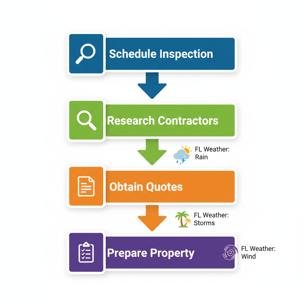 Vertical process flow diagram showing four steps to begin roof replacement in Winter Springs: schedule inspection, research contractors, obtain quotes, and prepare property with icons and arrows.