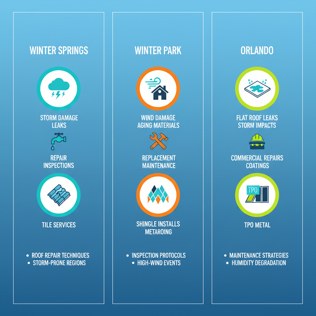 Infographic comparing roofing challenges, common issues, and services in Winter Springs, Winter Park, and Orlando, Florida.