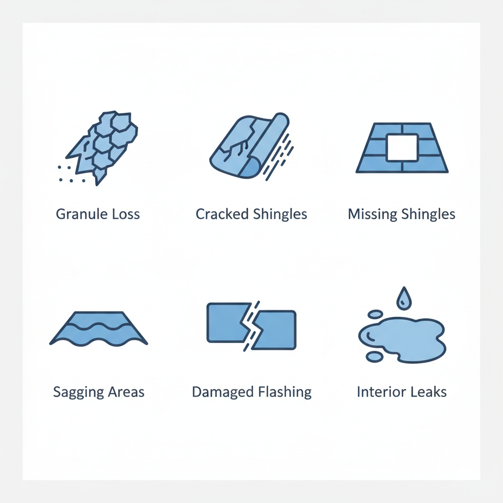 Grid of six flat icons depicting common roof damage signs including granule loss, cracked shingles, missing shingles, sagging areas, damaged flashing, and interior leaks in blue and gray on white background