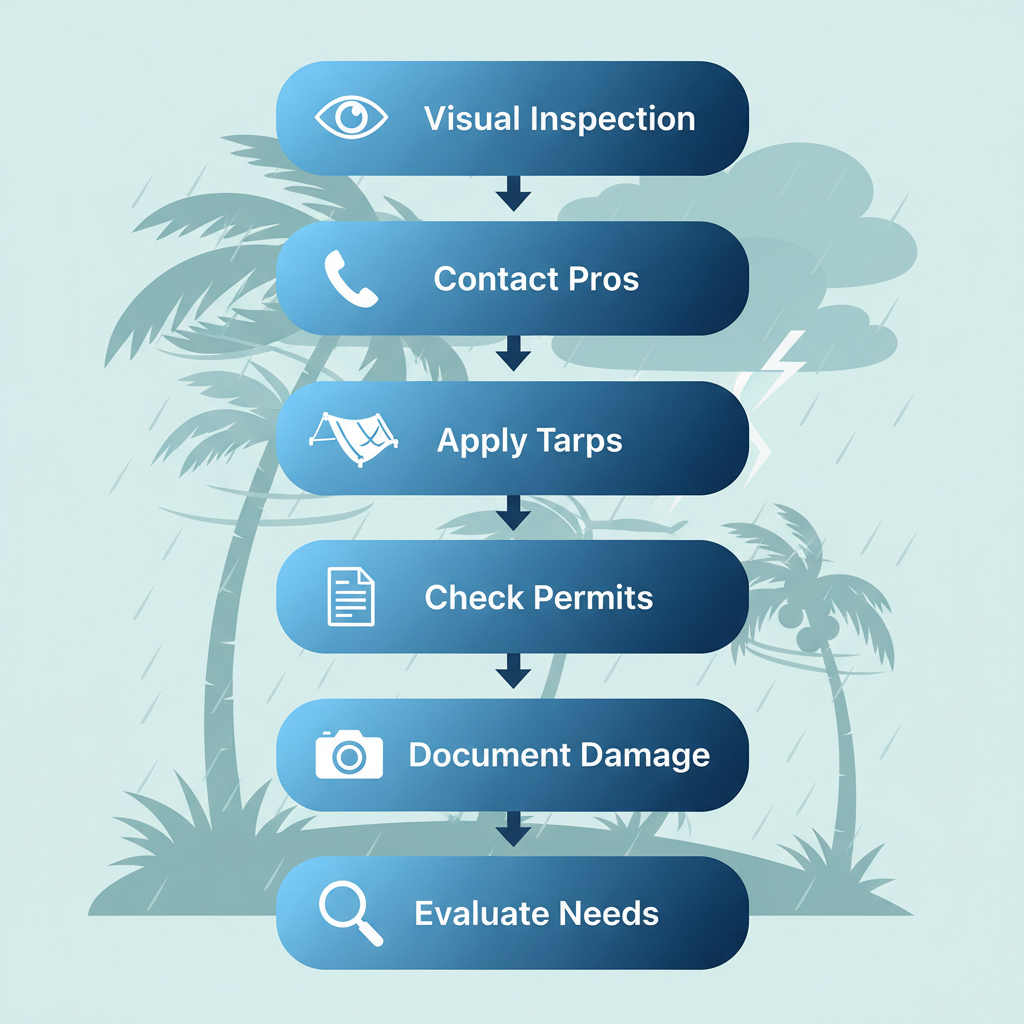 Vertical process flow diagram illustrating six steps to begin roof repairs in Winter Park, Florida, including inspection, contacting professionals, and insurance documentation.