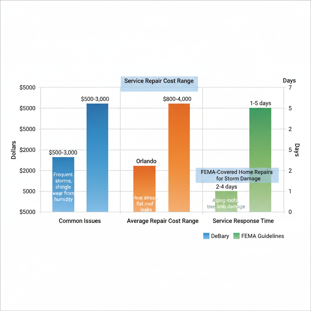 Grouped bar chart comparing roofing challenges in DeBary, Orlando, and Deland including issues, costs, and response times.