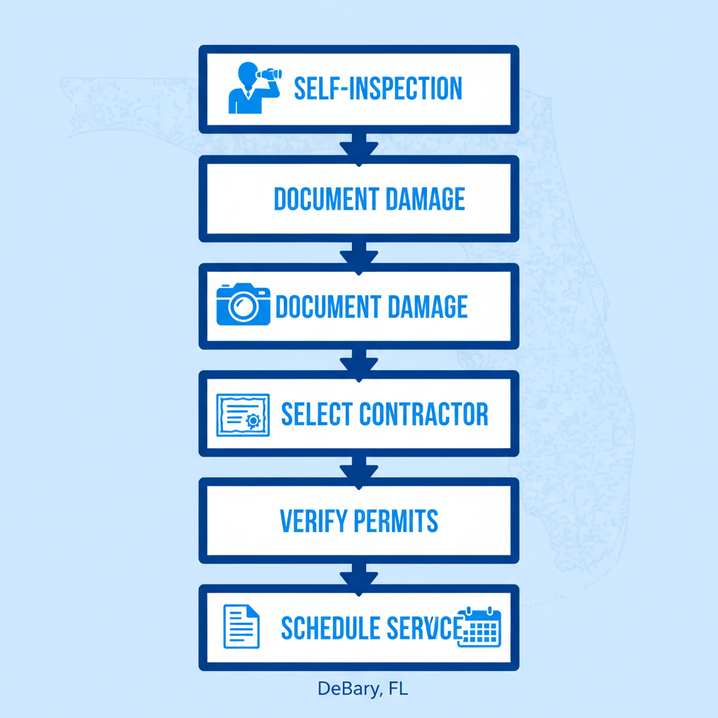 Vertical process flow diagram showing five steps to initiate a roof repair project in DeBary, Florida