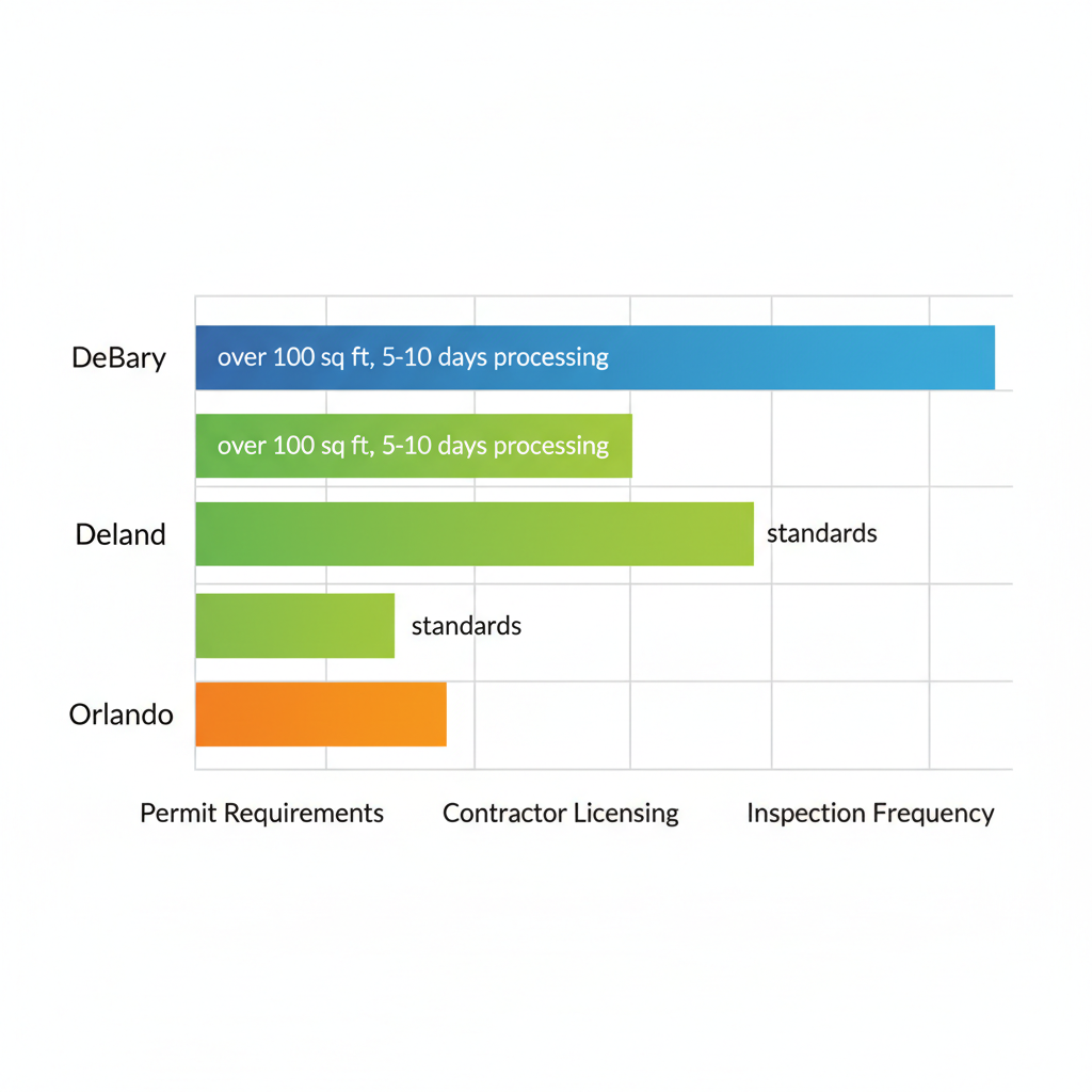 Horizontal bar chart comparing roofing regulations in DeBary, Deland, and Orlando, Florida.