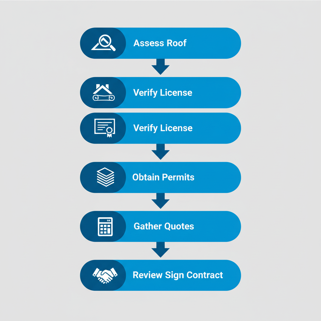 Vertical process flow diagram illustrating five steps to start a roofing project in DeBary, Florida: assess condition, verify license, obtain permits, gather quotes, review and sign contract.