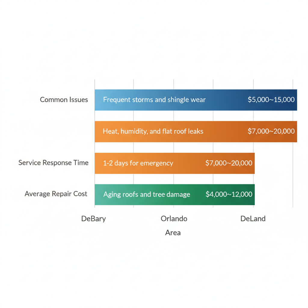 Horizontal bar chart comparing roofing challenges across DeBary, Orlando, and DeLand in Central Florida.
