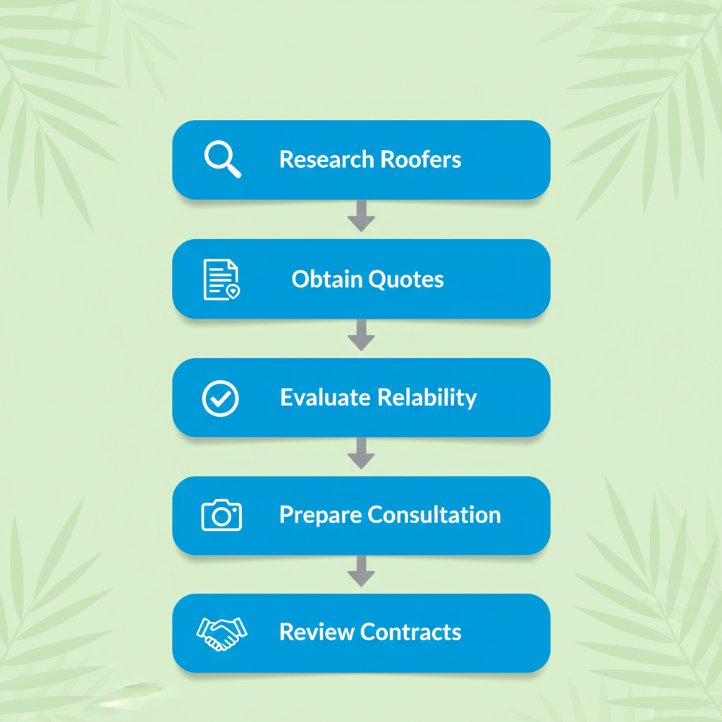 Vertical process flow diagram illustrating five steps to start roofing projects in DeBary including research, quotes, evaluation, preparation, and contract review with icons and arrows.