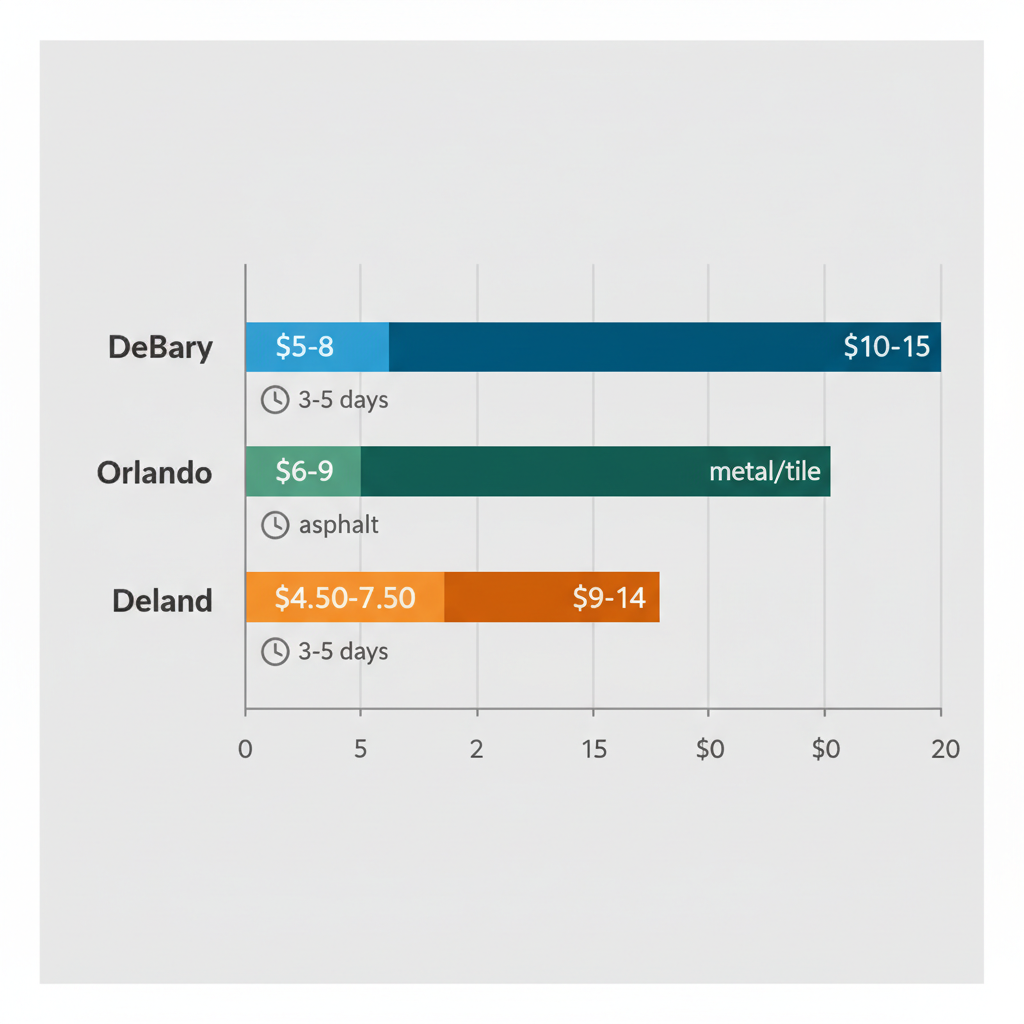 Horizontal bar chart comparing roof replacement costs per square foot in DeBary, Orlando, and Deland, with timeline icons and grid lines for readability.