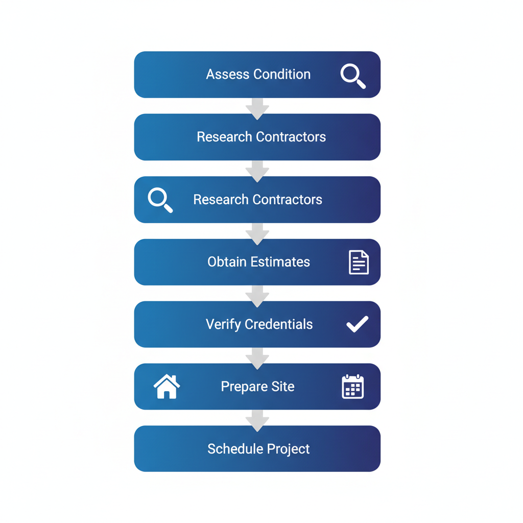 Vertical process flow diagram illustrating six key steps to start roof replacement