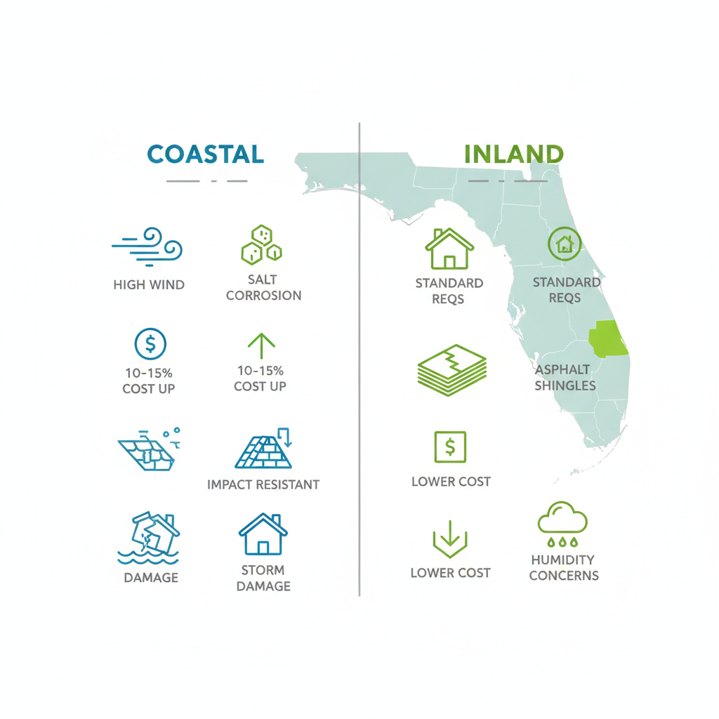 Infographic comparing coastal and inland roofing challenges in Port Orange, Florida