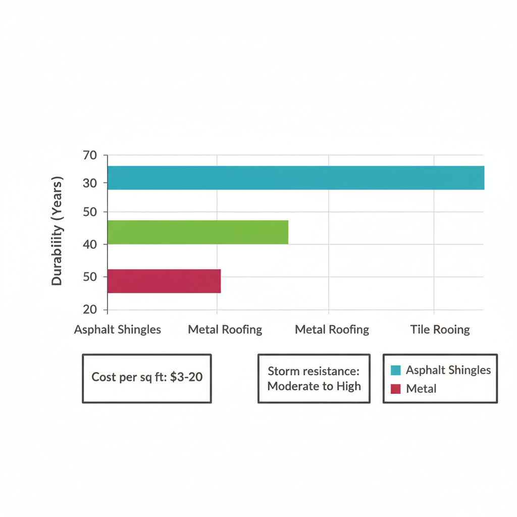 Horizontal bar chart comparing durability, cost, and storm resistance of asphalt shingles, metal roofing, and tile roofing for West Melbourne, Florida climate.