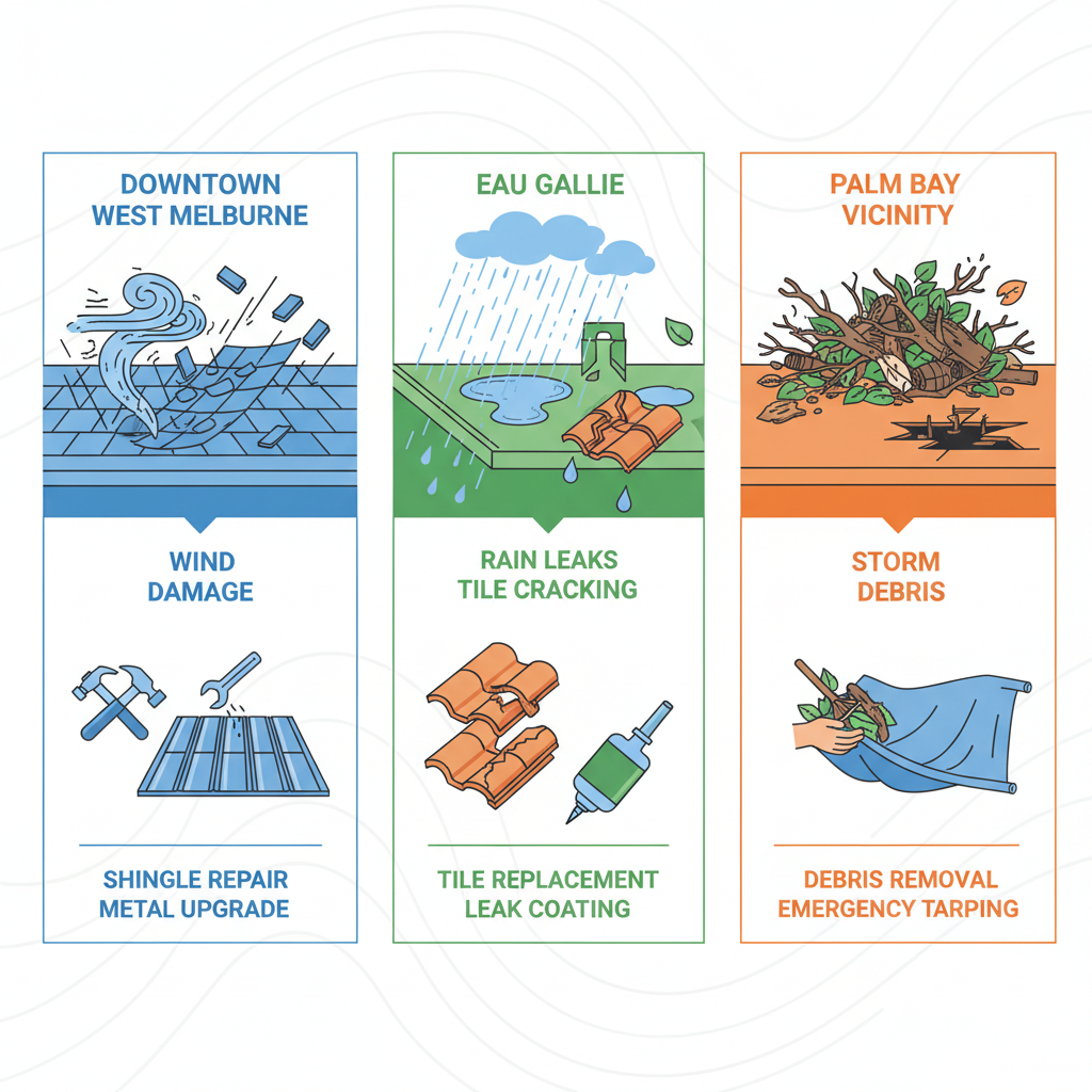 Infographic depicting roofing issues and solutions for West Melbourne areas including wind damage, leaks, and storm debris with repair recommendations.