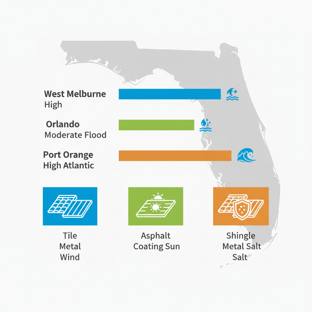 Infographic showing storm frequency bars and material icons for roofing in West Melbourne, Orlando, and Port Orange, emphasizing Florida durability.