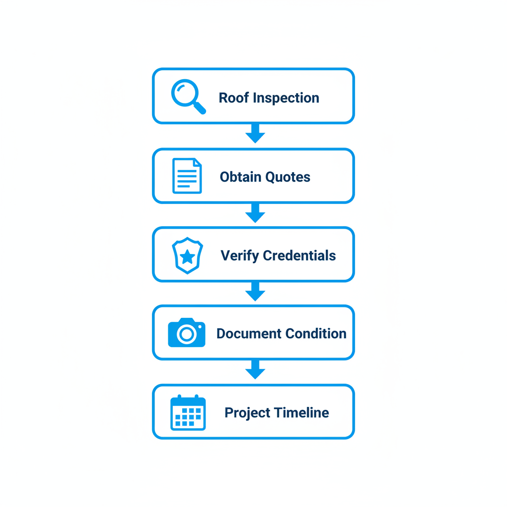 Vertical process flow illustrating five key steps to initiate a roofing project with icons and brief labels