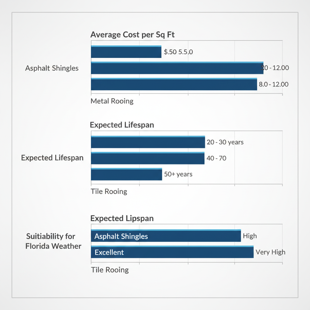 Bar chart comparing Asphalt Shingles, Metal Roofing, and Tile Roofing costs, lifespans, and Florida weather suitability in West Melbourne.