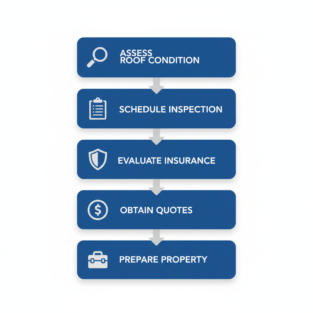 Vertical flowchart illustrating five key initial steps for starting a roof replacement project in West Melbourne, Florida, featuring icons for assessment, inspection, insurance evaluation, quotes, and preparation.
