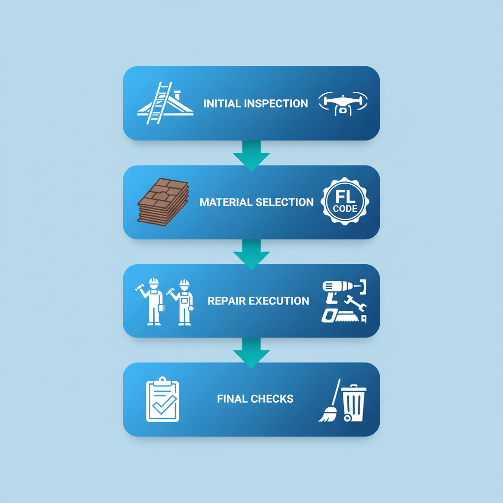 Vertical process flow diagram showing four stages of roofing repairs in Port Orange, Florida: initial inspection, material selection, repair execution, and final checks with relevant icons and connections.