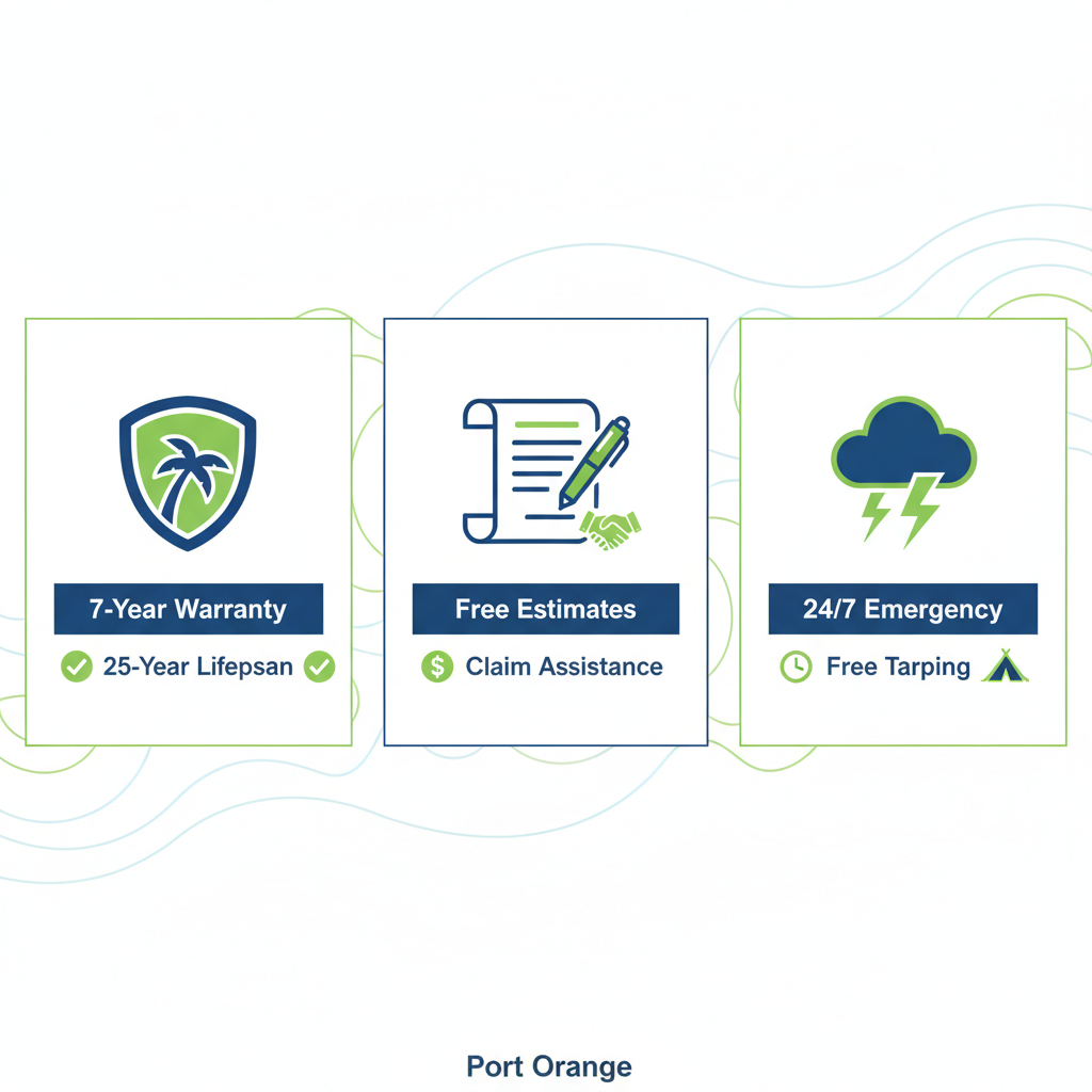 Infographic illustrating benefits of professional roofing services in Port Orange: enhanced durability, insurance guidance, and priority response