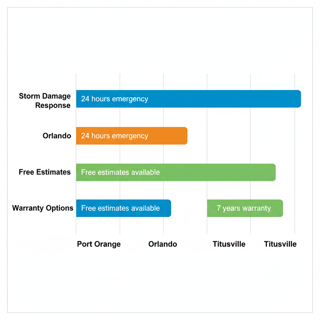 Horizontal bar chart comparing roofing services in Port Orange, Orlando, and Titusville, highlighting response times and warranties.