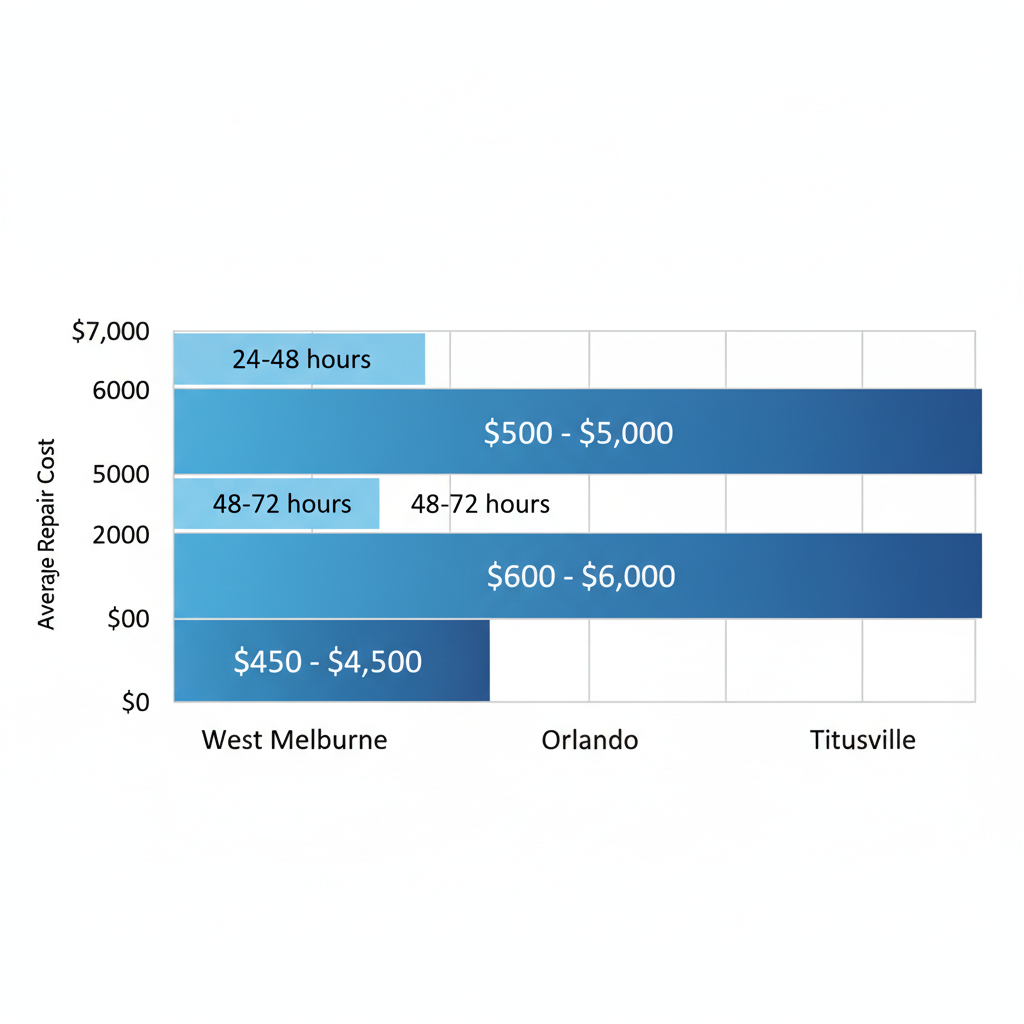 Horizontal bar chart comparing roof repair cost ranges and storm response times for West Melbourne, Orlando, and Titusville in Central Florida