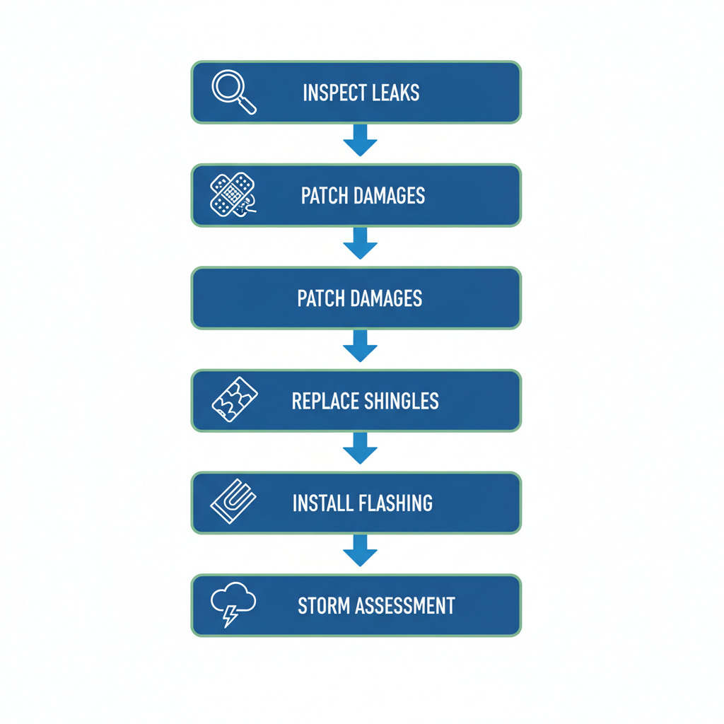 Vertical process flow diagram of five key roof repair options in West Melbourne, featuring inspection, patching, shingle replacement, flashing installation, and post-storm assessment with icons.