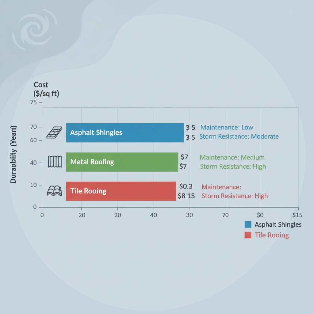 Horizontal bar chart comparing durability, cost, maintenance, and storm resistance of asphalt shingles, metal, and tile roofing materials suitable for Port Orange, Florida.