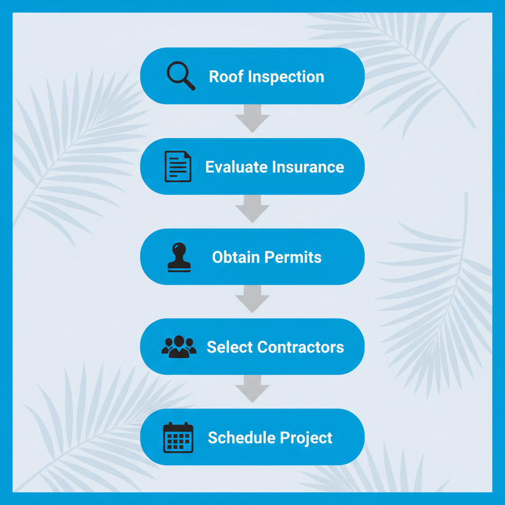 Vertical process flow diagram illustrating five steps to initiate a roofing project in Port Orange, including inspection, insurance evaluation, permits, contractor selection, and scheduling, with FEMA repair context.