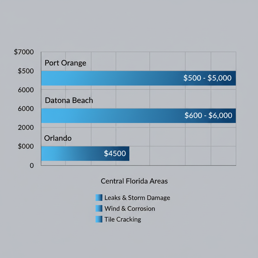 Horizontal bar chart comparing estimated repair costs for common roofing issues in Port Orange, Daytona Beach, and Orlando, with cost ranges labeled.