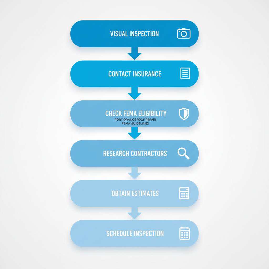 Vertical process flow diagram showing six steps to start roof repair with icons and labels