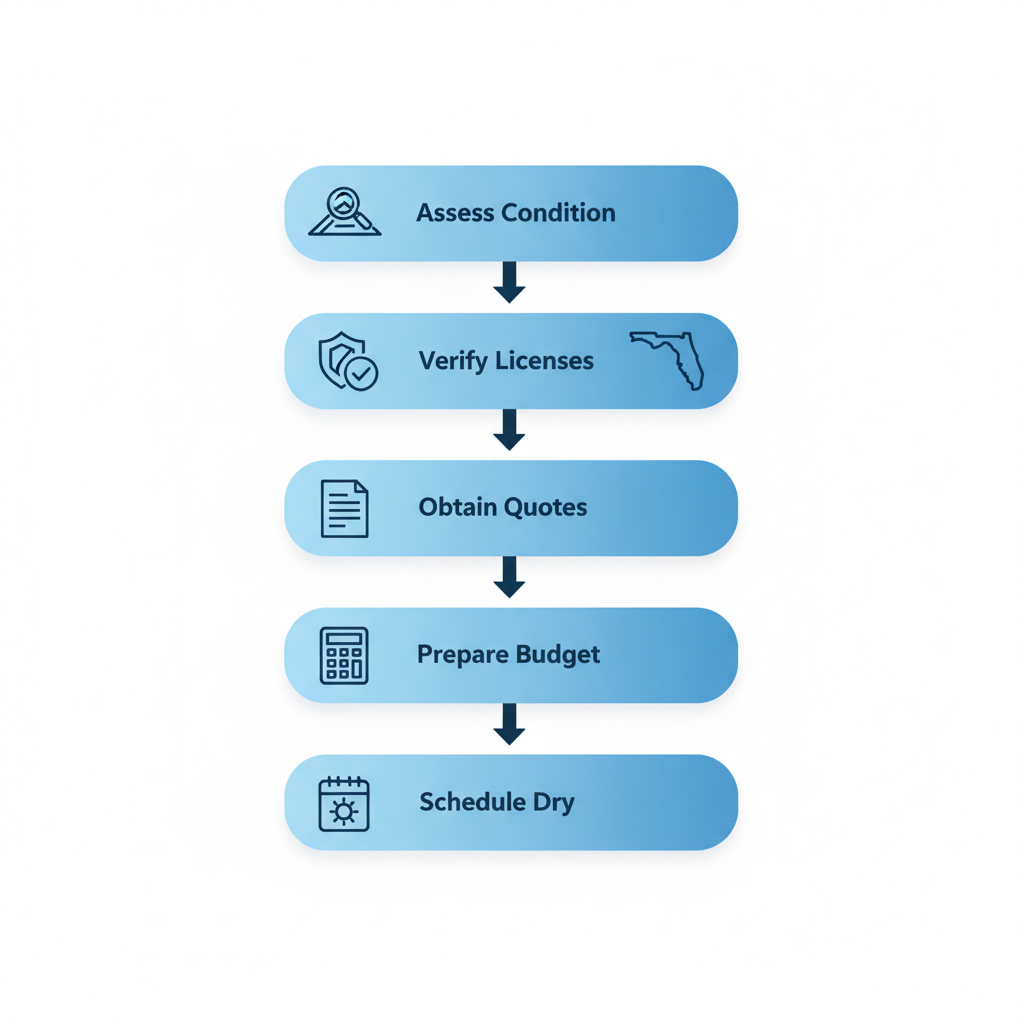Vertical process flow illustrating five steps to initiate a roofing project in Rockledge: assess condition, verify licenses, obtain quotes, prepare budget, schedule during dry season.
