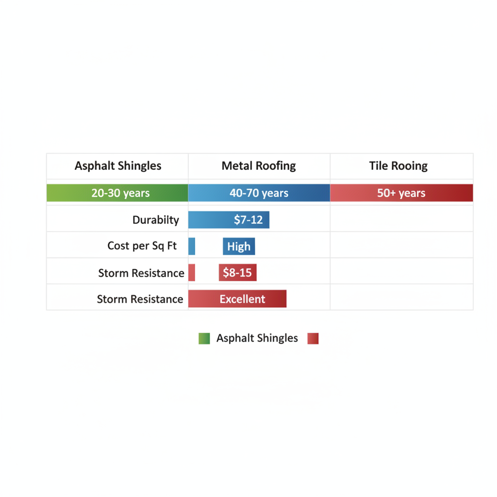Horizontal bar chart illustrating comparison of durability, cost, and storm resistance for asphalt shingles, metal roofing, and tile roofing materials suitable for Rockledge homes.