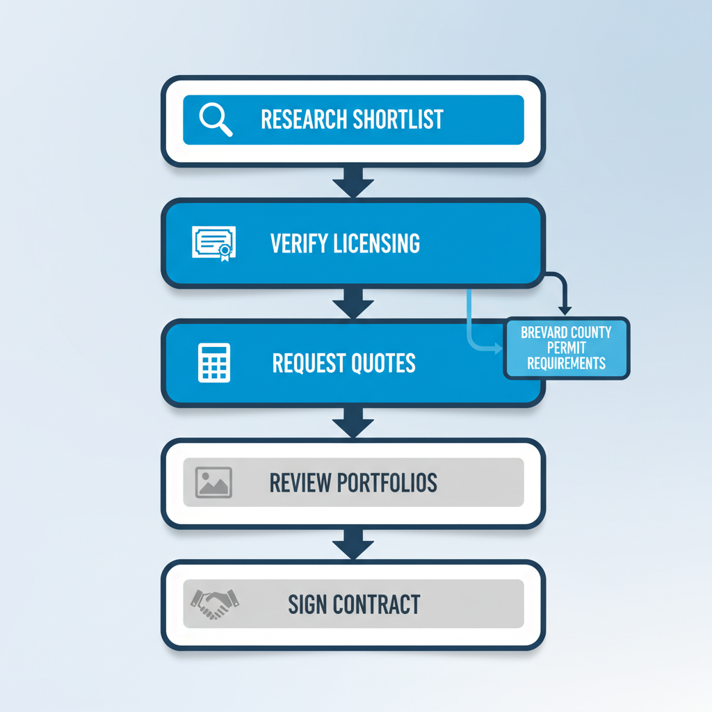 Vertical process flow diagram illustrating five steps to hire a roofing contractor in Rockledge with icons and arrows