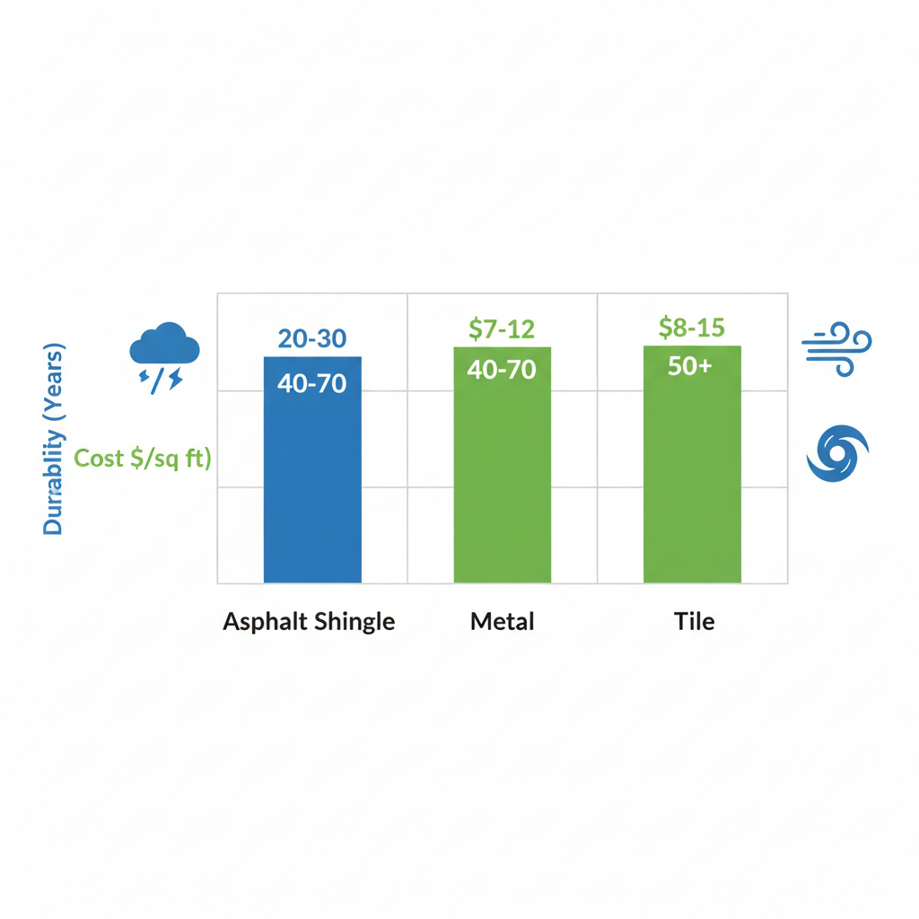 Horizontal bar chart comparing durability and cost of Asphalt Shingle, Metal, and Tile roofing materials for Florida homes.