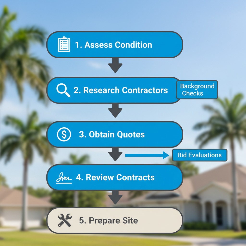 Vertical infographic illustrating five steps to start a roof replacement project: assess roof condition, research contractors, obtain quotes, review contracts, and prepare the site.