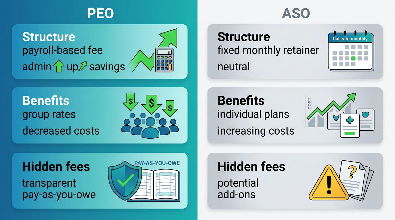 Infographic comparing PEO and ASO pricing: structure fees, benefits access savings, hidden fees transparency with icons showing PEO advantages