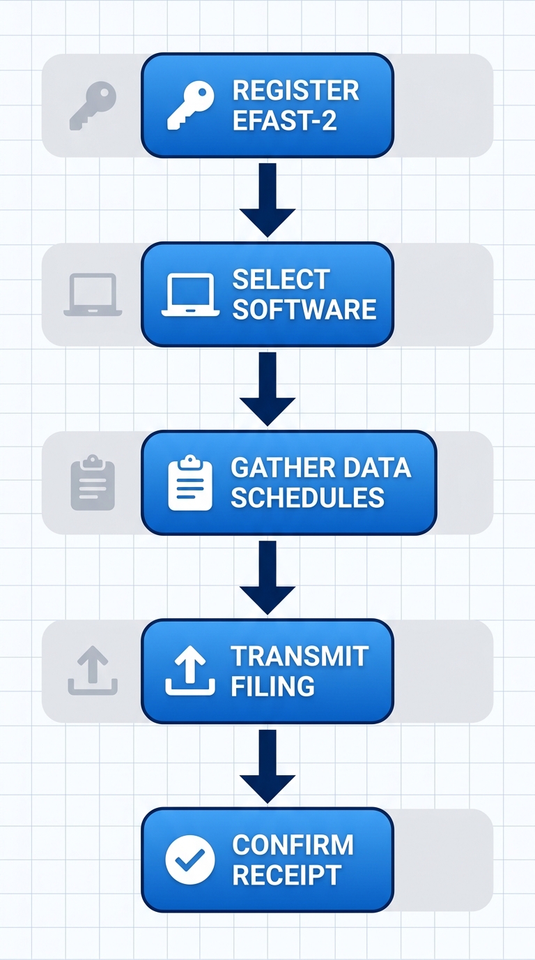 Vertical process flow diagram showing five steps for e-filing Form 5500 for ERISA plans: register EFAST-2, select software, gather data, transmit filing, confirm receipt.