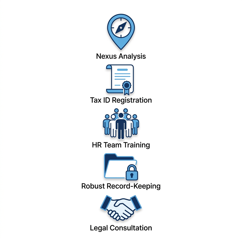Vertical column of five icons for multi-state payroll prerequisites: nexus analysis map pin, tax ID document, HR training group, record-keeping folder, legal handshake.