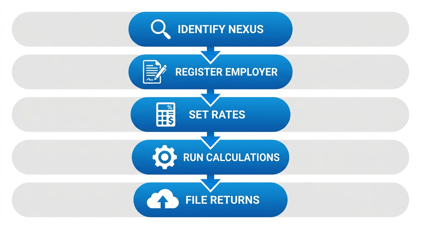 Vertical process flow diagram illustrating 5 sequential steps for multi-state payroll processing: identify nexus states, register as employer, set withholding rates, run calculations, file and remit returns with icons and arrows.