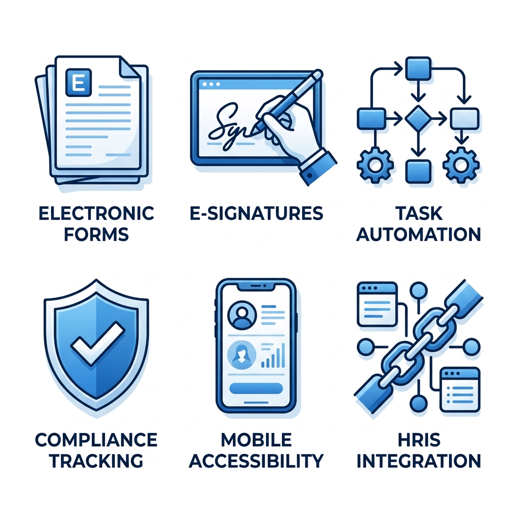 Grid of 6 icons for Workbright onboarding: electronic forms, e-signatures, task automation, compliance tracking, mobile access, HRIS integration