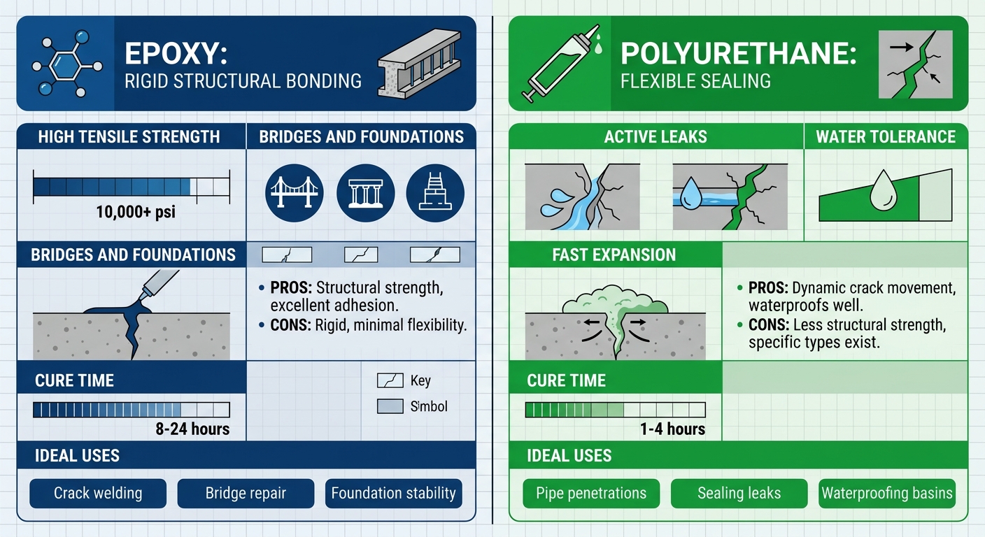 Infographic visually comparing epoxy (rigid bonding, 10,000+ psi strength, blue icons) and polyurethane (flexible sealing, green icons) for concrete crack repair with key pros, cons, and metrics.