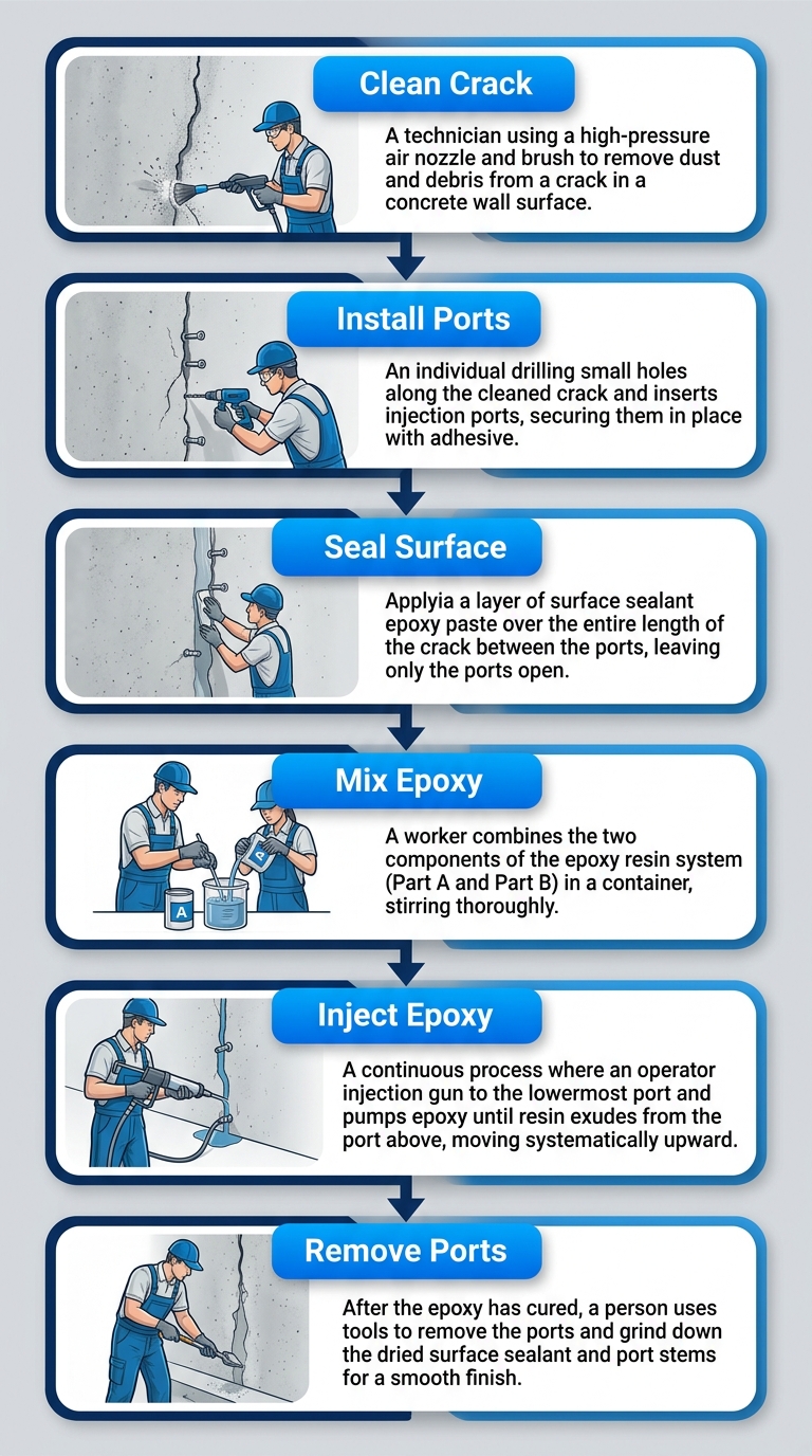 Vertical process flow diagram illustrating six sequential steps for permanent epoxy concrete crack repair: clean, install ports, seal, mix, inject, and finish.