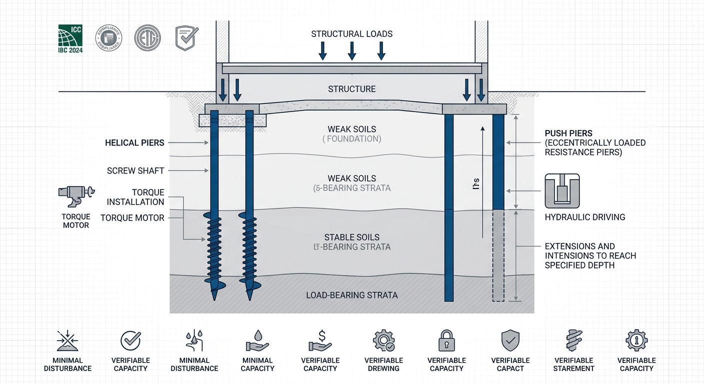 Infographic illustrating deep foundation stabilization using helical piers and push piers, IBC 2024 compliance, load transfer diagram with benefits.