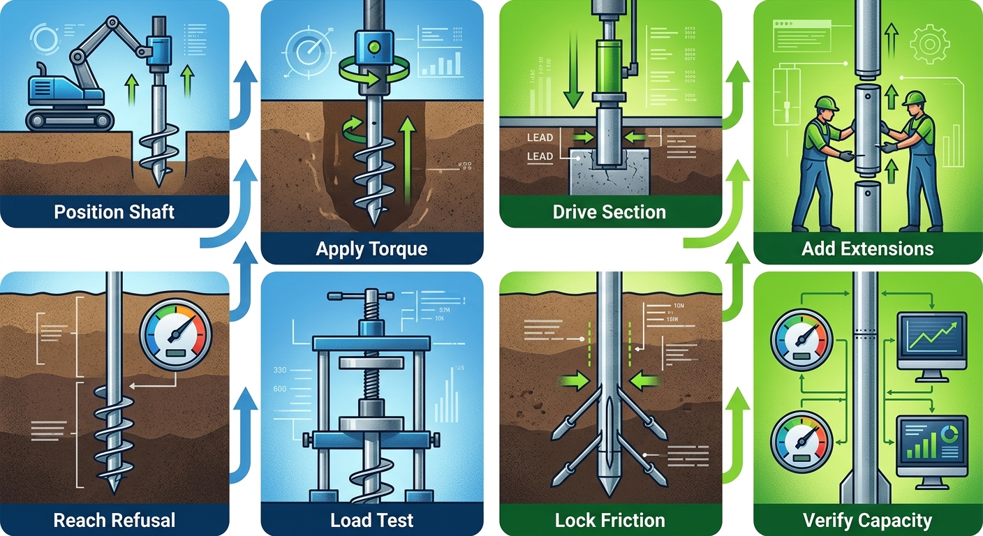 Vertical process flow diagram comparing helical piers (left column: position shaft, apply torque, reach refusal, load test) and push piers (right: drive section, add extensions, lock friction, verify capacity) mechanisms with arrows and icons
