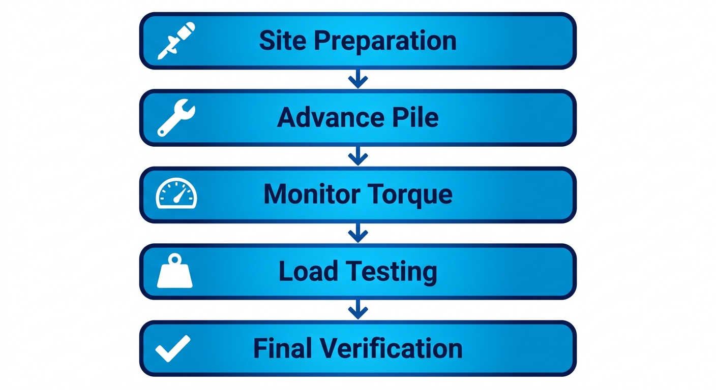 Vertical process flow diagram illustrating five stages of helical pile installation with icons and minimal labels.